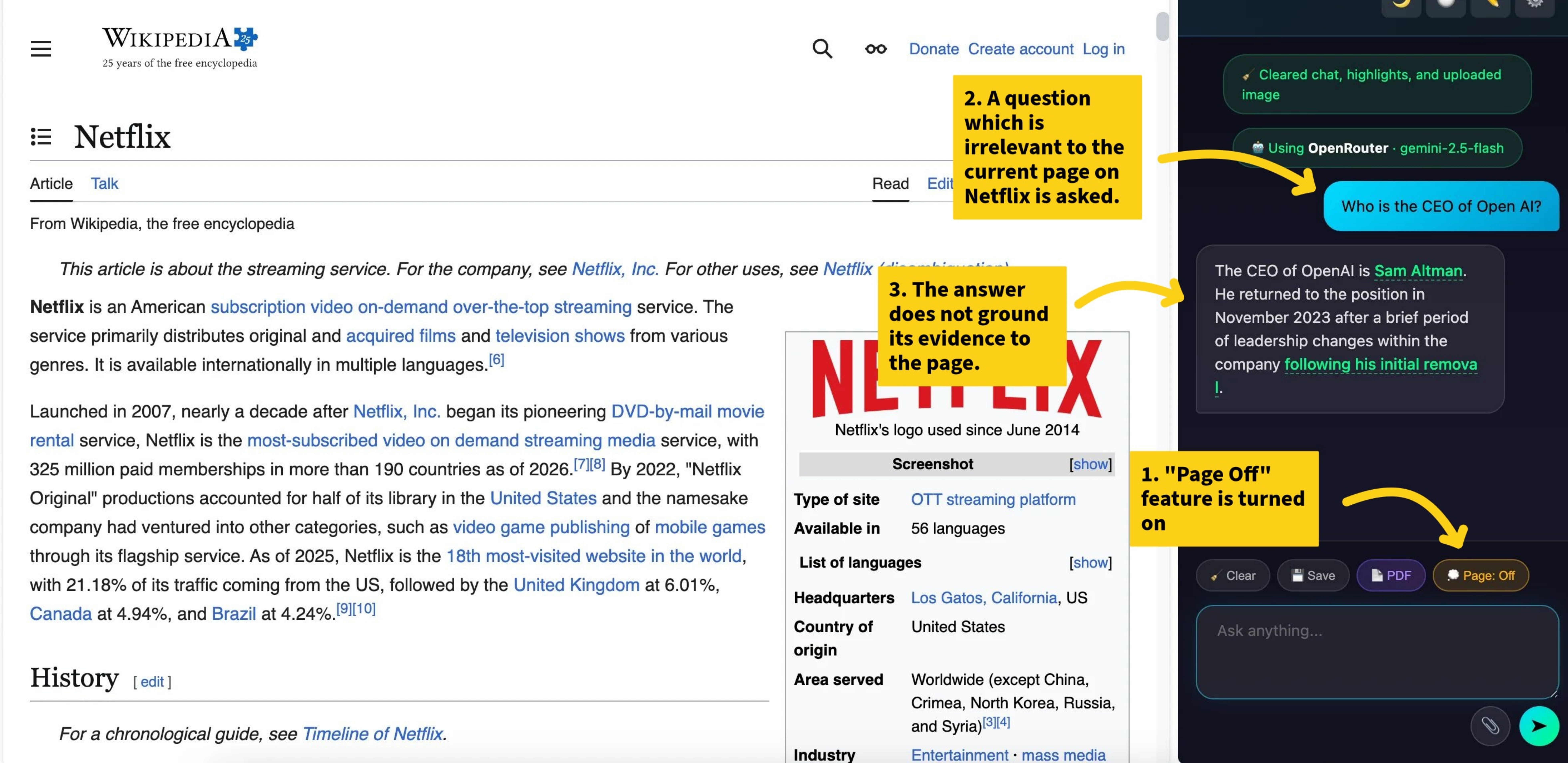 Page Off feature example